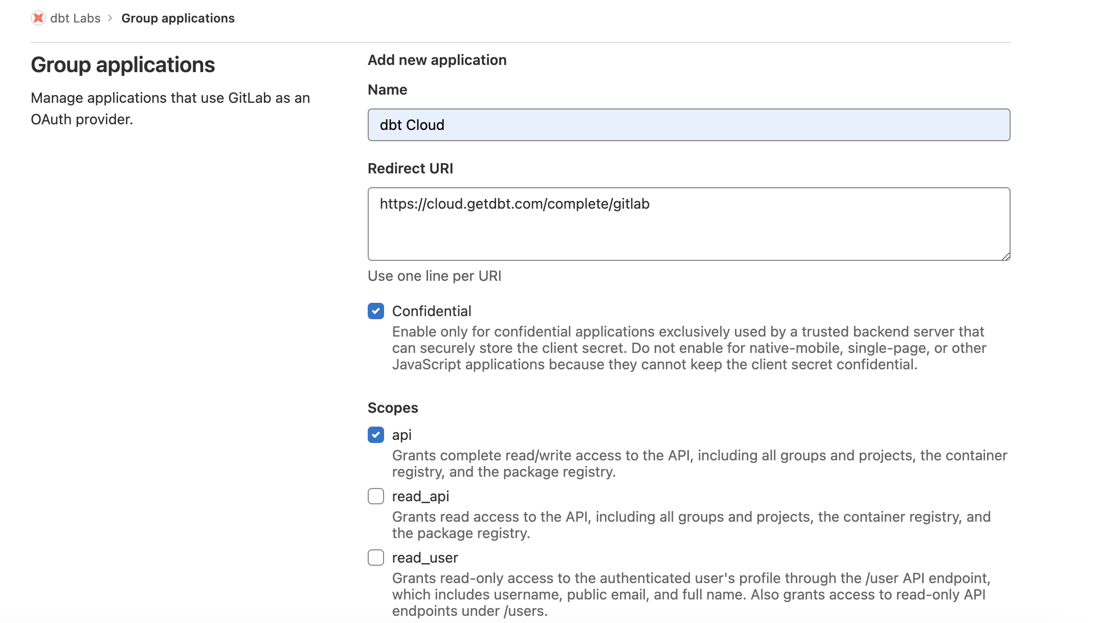 GitLab group owned application form
